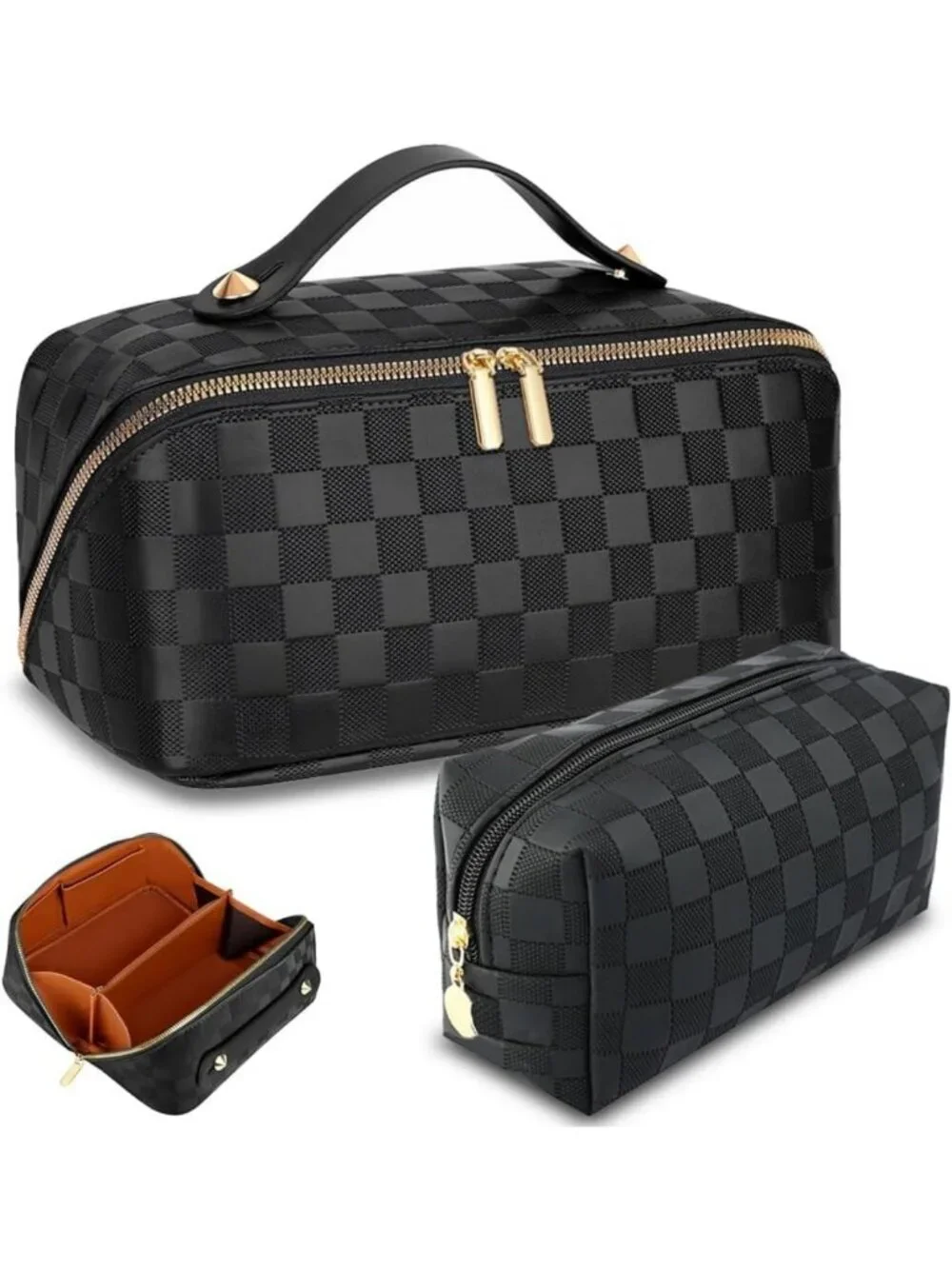 Large Capacity Checkered Makeup Bags Set - Waterproof Cosmetic Organizer Pouch